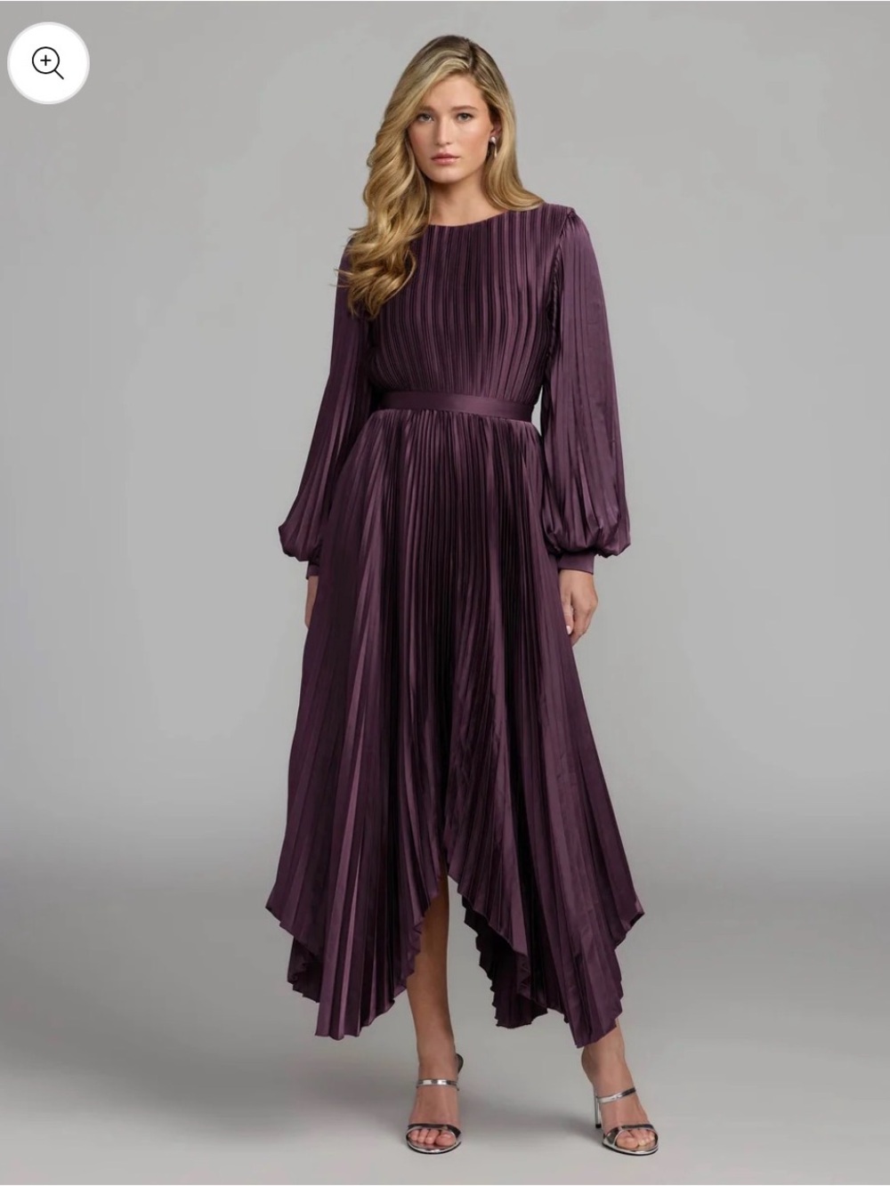 Mac Duggar Dark Purple Long Sleeve Pleated Charmeuse Handkerchief Dress